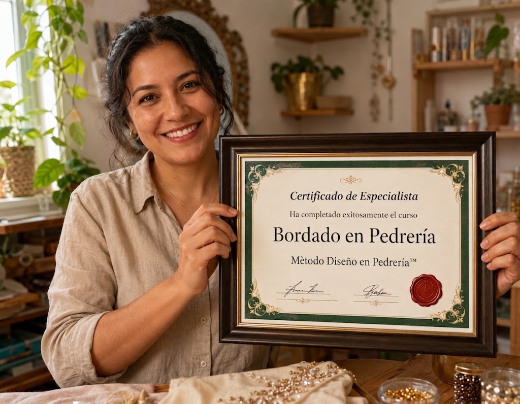 Alumna mostrando su Certificado de Especialista en Bordado en Pedrería